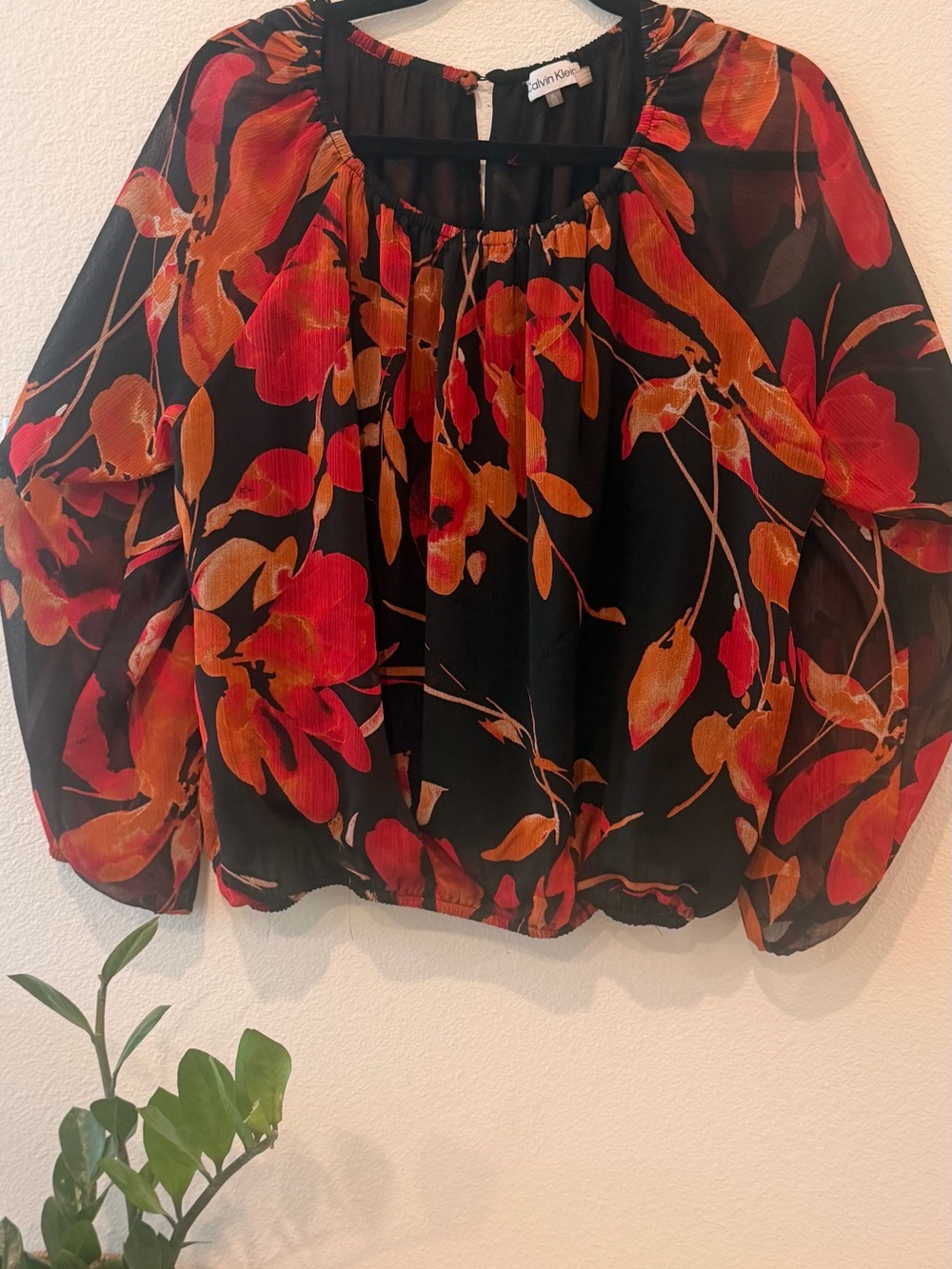 Calvin Klein Black Floral Blouse with Red and Orange Blooms